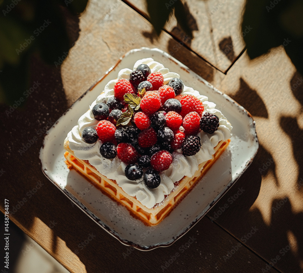 A square waffle with cream and various berries on top. On the table are some more blueberries and raspberries,placed on outdoor, Food photography, delicious.