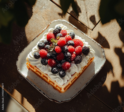 Obraz na płótnie A square waffle with cream and various berries on top. On the table are some more blueberries and raspberries,placed on outdoor, Food photography, delicious. w salonie
