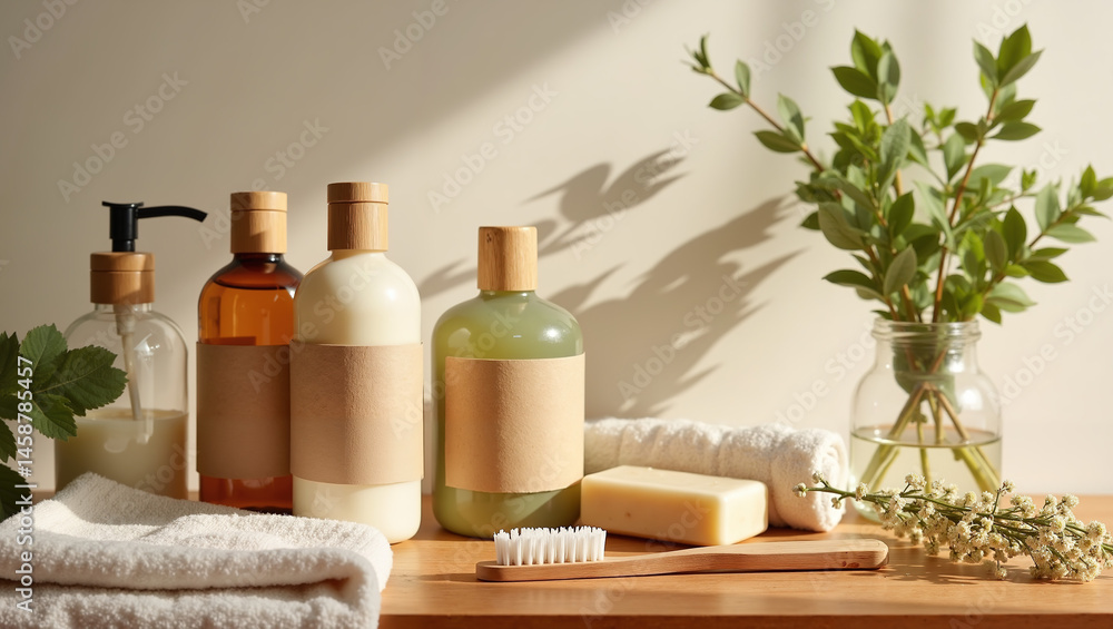 Eco-friendly bath and body care products with minimal packaging arranged on wooden surface with sunlight and green leaves create fresh, organic and sustainable wellness lifestyle vibe, mockup Eco-friendly bath and body care products with minimal packaging arranged on wooden surface with sunlight and green leaves create fresh, organic and sustainable wellness lifestyle vibe, mockup