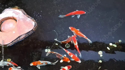 Colorful koi fish in the pond. A simple koi pond with clear water that provides a peaceful and calming feel. Slide movement shot