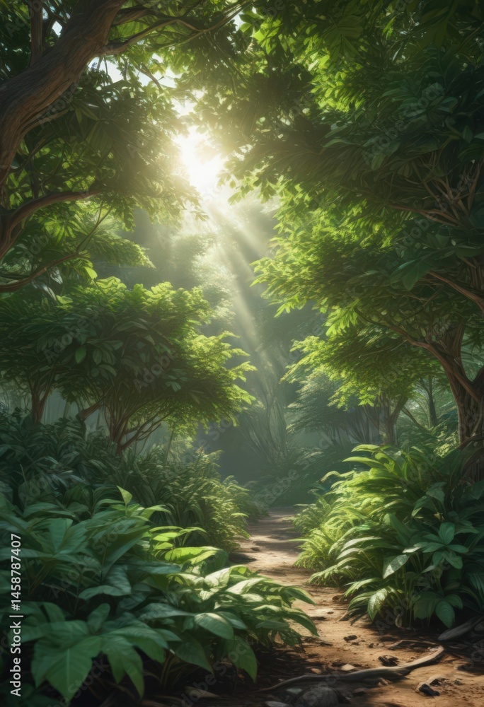 Naklejka premium Lush emerald canopy, sunlight dappled through dense leaves , botanical, nature, shadows