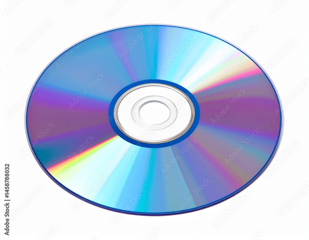 A glossy, circular digital versatile disc with rainbow-like color reflections. It features a silver inner ring and a clear white background A glossy, circular digital versatile disc with rainbow-like color reflections. It features a silver inner ring and a clear white background