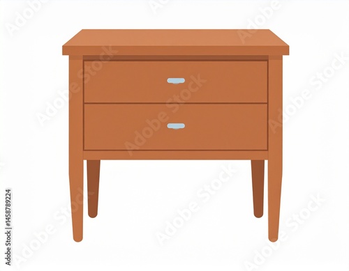 A simple wooden bedside table with two drawers and four slender legs stands out against a plain white backdrop