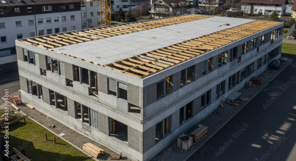 Fototapeta premium Aerial View of Modern Concrete and Wood Frame Residential Building Construction