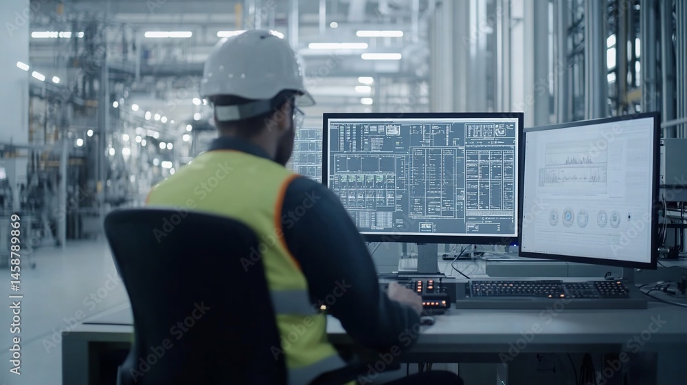 Industrial worker monitors complex machinery Industrial worker monitors complex machinery