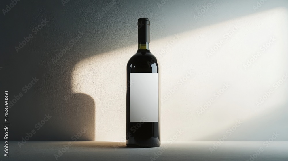 Elegant red wine bottle blank label sunlit wall minimalist design perfect for branding sophisticated Elegant red wine bottle blank label sunlit wall minimalist design perfect for branding sophisticated