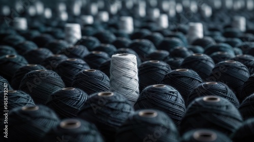 Different concept of white yarn spools stand out from many black yarn spools in industrial factory.