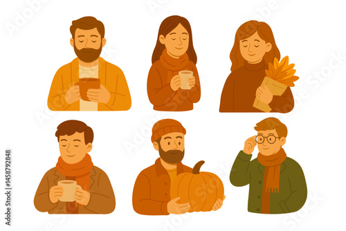 Vector flat doodle set with autumn people holding cups, pumpkins and leaves in cozy mood.