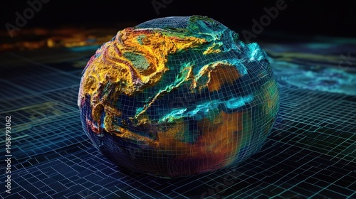 3D model of Earth with visible tectonic plate movements, showing how they shift and change the planet's surface over time, with a grid overlay.