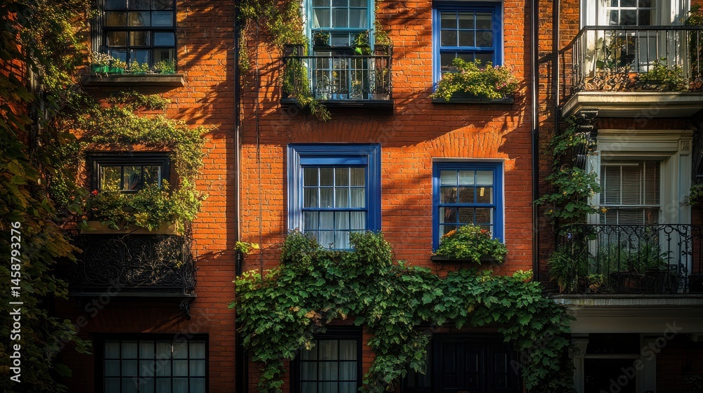 Fototapeta premium Charming Brick Townhouses with Lush Greenery