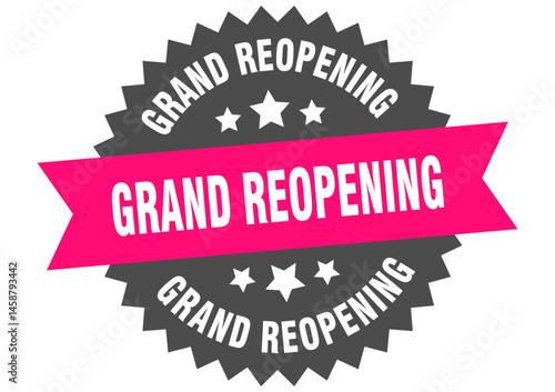 grand reopening. grand reopening round pink label isolated on transparent background