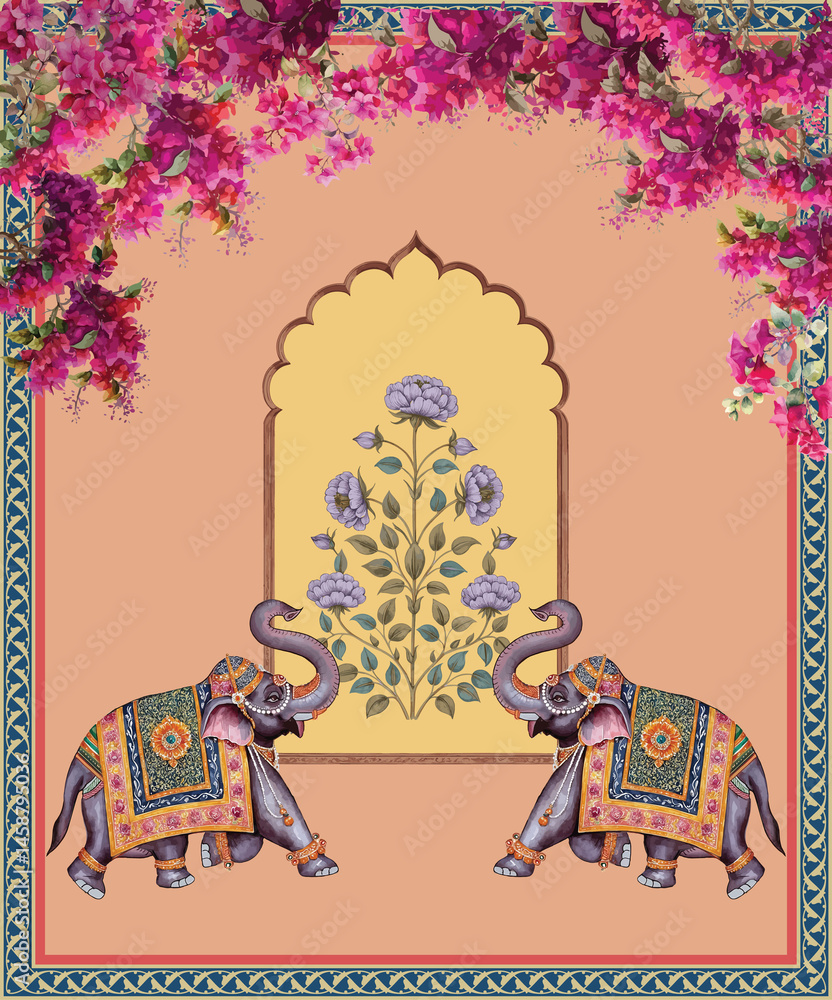 custom made wallpaper toronto digitalMughal Rajasthani art style featuring adorned elephants floral archway and decorative border illustration for wedding