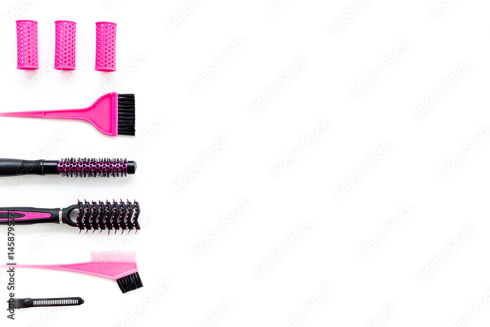 Hairdresser accessories and tools - combs and scissors, top view Hairdresser accessories and tools - combs and scissors, top view
