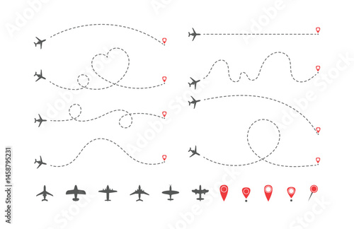 Airplane Plane routes line set. Planes dotted flight pathway. Plane paths. Aircraft tracking, planes, travel, map pins, location pins. Start point line trace and plane routes.