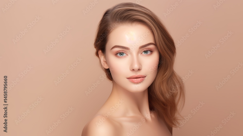 Fototapeta premium Portrait of a stunning woman with wavy blonde hair and blue eyes. She has flawless skin, natural makeup, and a serene expression against a soft beige background