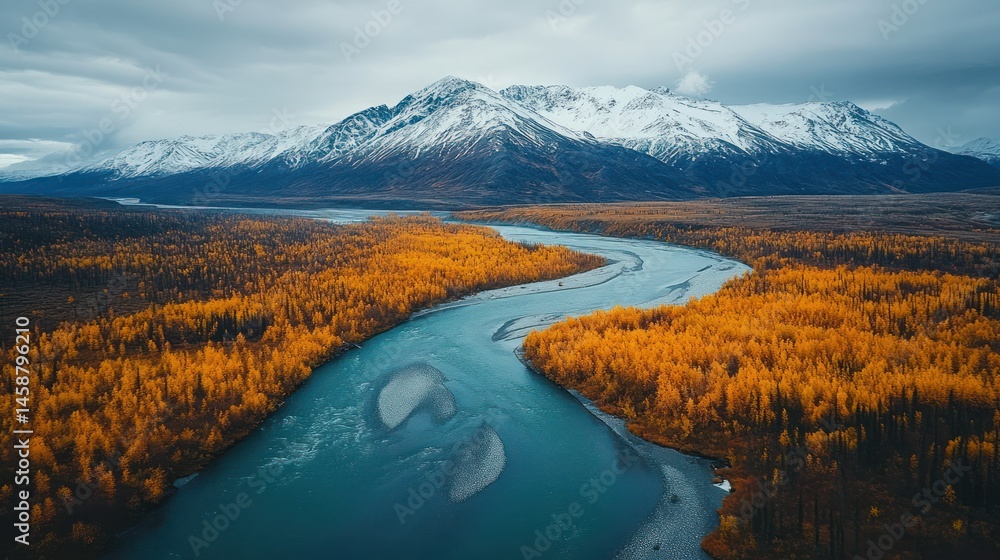 Fototapeta premium River and Snowy Mountain Landscape with Autumn Trees