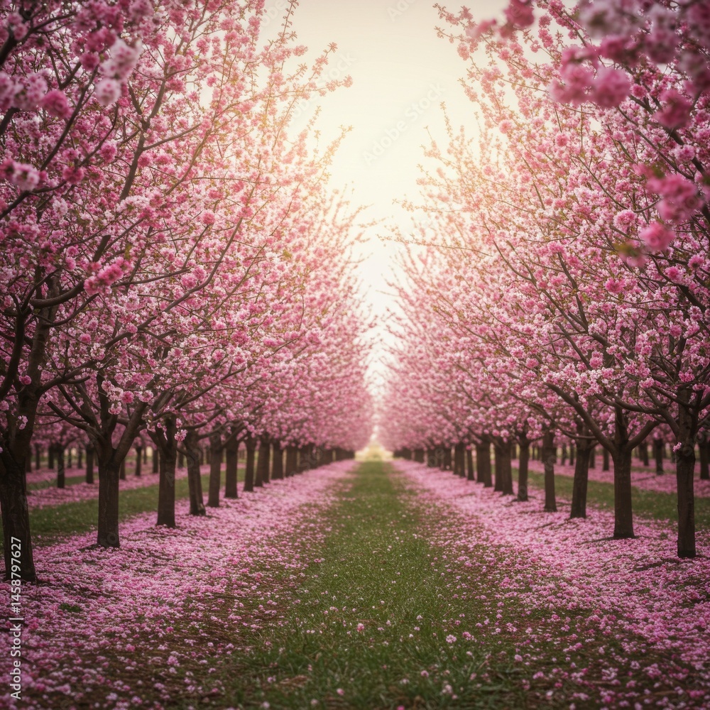 Pink Cherry Blossom Trees Pathway Spring Orchard Pink Cherry Blossom Trees Pathway Spring Orchard