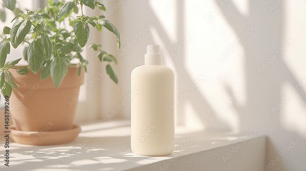 Refillable Hand Wash Bottle on Windowsill with Sunlight and Plant Refillable Hand Wash Bottle on Windowsill with Sunlight and Plant