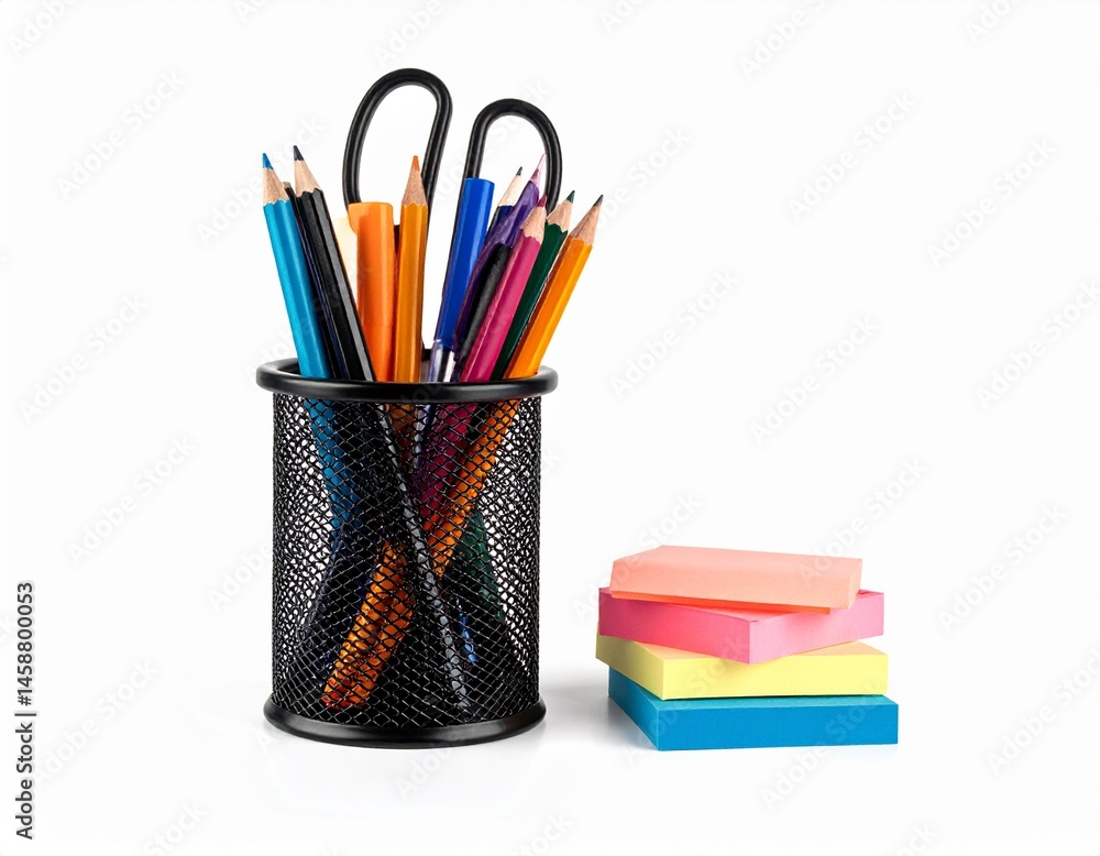 Fototapeta premium Desk organizer with pencils & pens and stack of colorful sticky notes on a white background