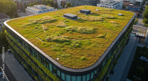 Aerial View of Green Roof on Modern City Building