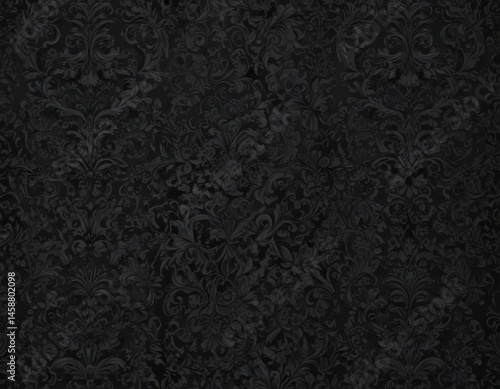 Seamless black gothic wallpaper; swirling floral damask pattern , scroll, pattern