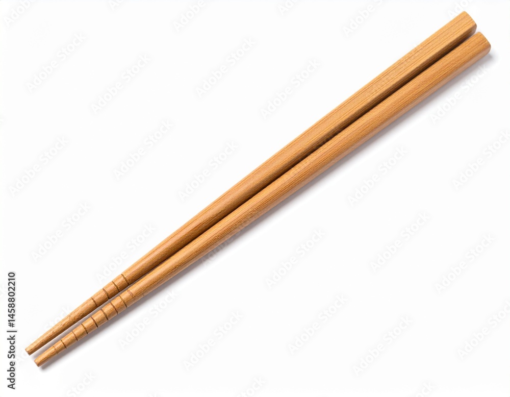 Two parallel wooden chopsticks with ridged grips, casting soft shadows on a white surface Two parallel wooden chopsticks with ridged grips, casting soft shadows on a white surface