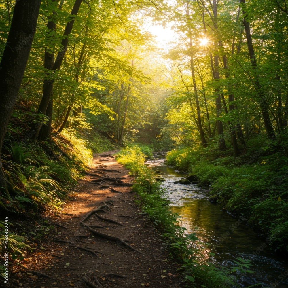 Obraz premium Sunlit Forest Path Beside a Stream