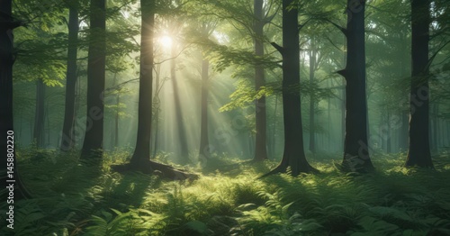 Emerald leaves filter sunlight, creating ethereal glow in dense woods ,  trees,  magical,  photography