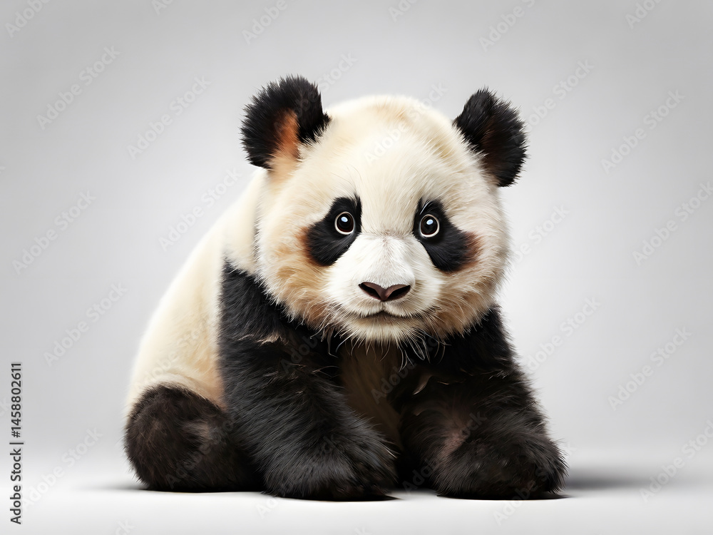 Naklejka premium A fluffy baby giant panda cub sits attentively against a soft, neutral grey background.