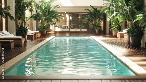 Wallpaper Mural A beautiful hotel indoor pool surrounded by wooden decking and lush indoor plants, offering a resort-style feel with a relaxing and upscale atmosphere Torontodigital.ca