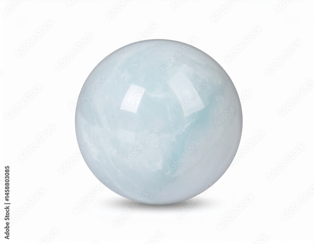 Smooth light blue sphere, marble-like texture, resting on a white surface with faint shadows Smooth light blue sphere, marble-like texture, resting on a white surface with faint shadows