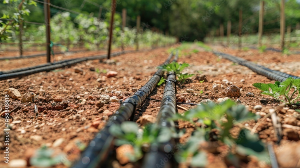 Drip irrigation lines across vegetable rows Drip irrigation lines across vegetable rows