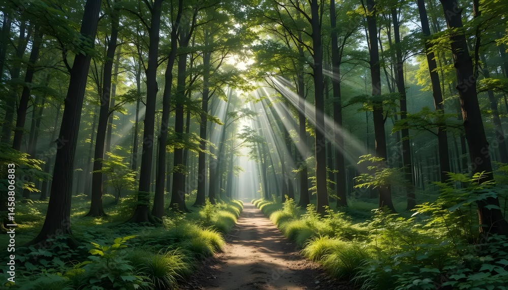 Obraz premium Walking Path Through Forest with Sunlight Streaming Through the Trees