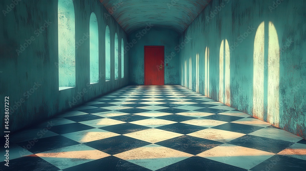 Fototapeta premium Eerie hall with checkered floor red door