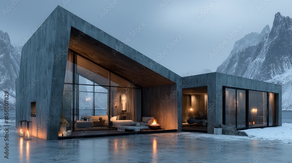 Modern minimalist mountain villa with flat roof, raw concrete, and dark wood materials, featuring large panoramic windows and a warm glowing interior, surrounded by snowy peaks and alpine forest. Modern minimalist mountain villa with flat roof, raw concrete, and dark wood materials, featuring large panoramic windows and a warm glowing interior, surrounded by snowy peaks and alpine forest.