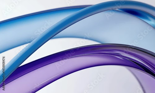 A close-up of curved glass lines in purple and blue colors on a white background, with subtle reflections and light refractions,