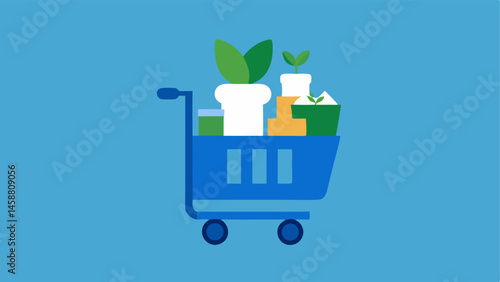 Shopping Cart A shopping cart filled with greenthemed products like potted plants organic cotton clothing and biodegradable packaging with a calming blue background.