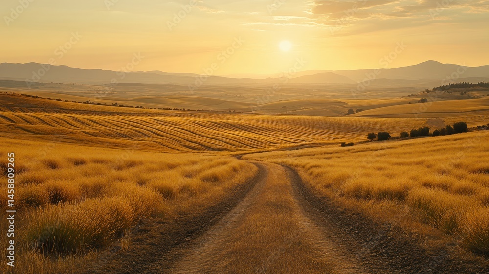 Naklejka premium Golden Hour Countryside: A Serene Sunset Landscape