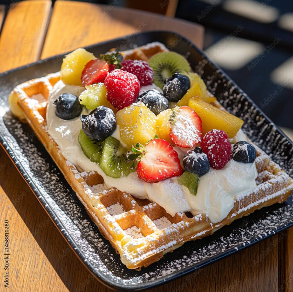 rectangular waffle with white cream and various fruits on top, placed on an outdoor table in the sun. The photo was taken from above, at close range