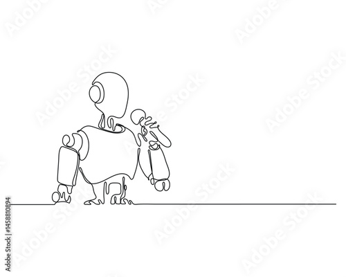 One line drawing of a robot singing into a microphone with emotion, futuristic humanoid performer art, minimalistic style for scifi, music, and technology concepts.