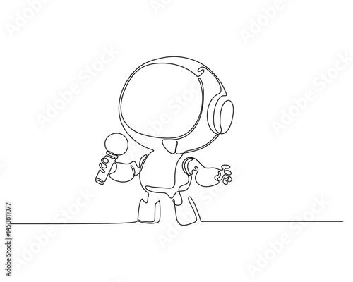 One line drawing of a cute robot holding a microphone, performing or speaking, minimalistic cartoon style for futuristic, technology, and kids' content.