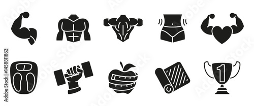 Fitness icon set. Health and workout glyph vector illustration. Muscle, scale, dumbbell and trophy filled symbols. Gym training, diet control and active lifestyle pictograms.