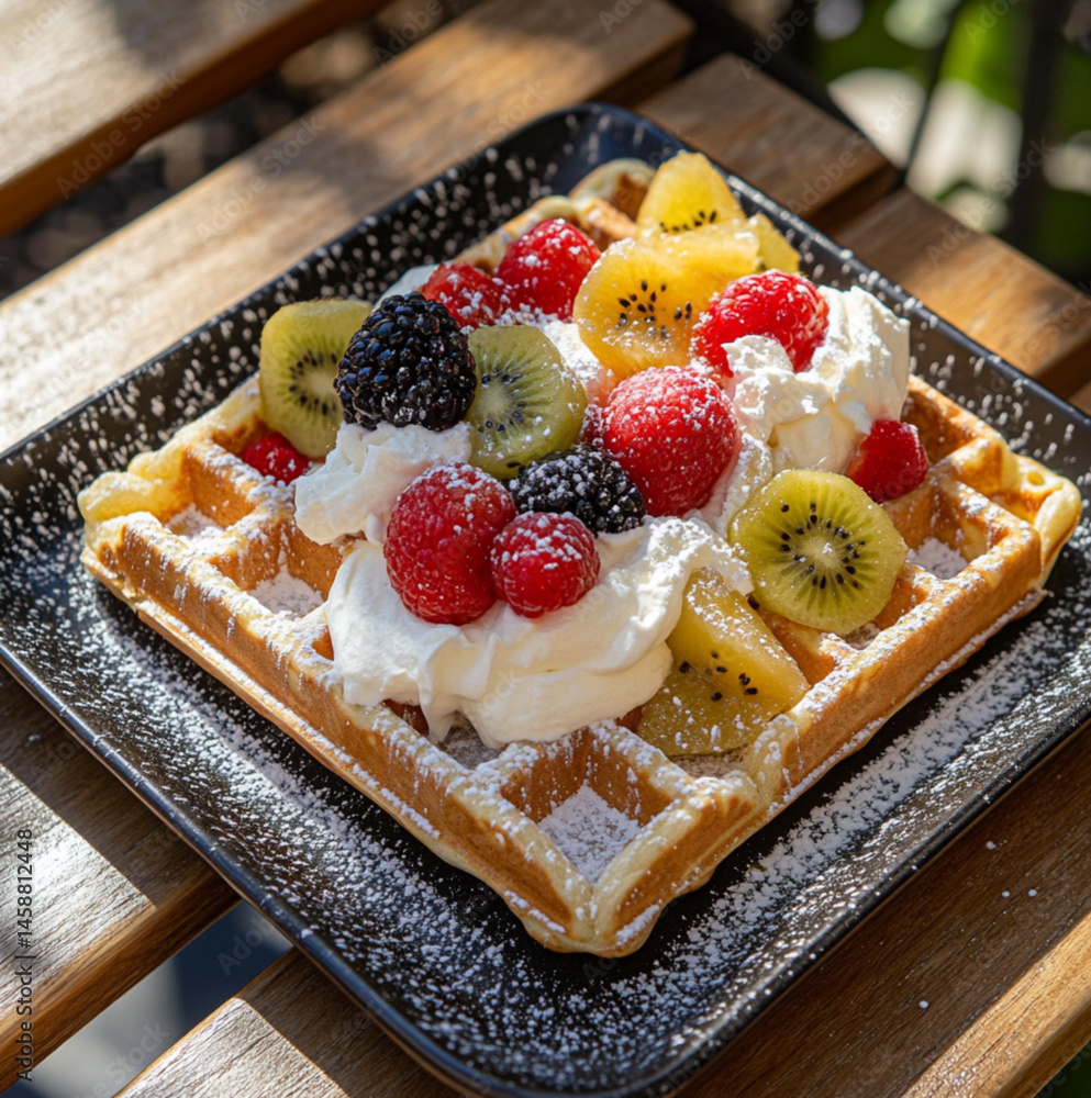 rectangular waffle with white cream and various fruits on top, placed on an outdoor table in the sun. The photo was taken from above, at close range