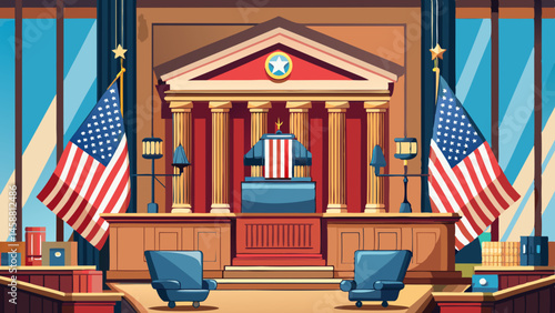 Court of the USA. Courtroom of United States. American flag in Courtroom. Supreme Court, Judiciary, Judge. American Justice, Judicial Authority. Appellate. Ai Generative 