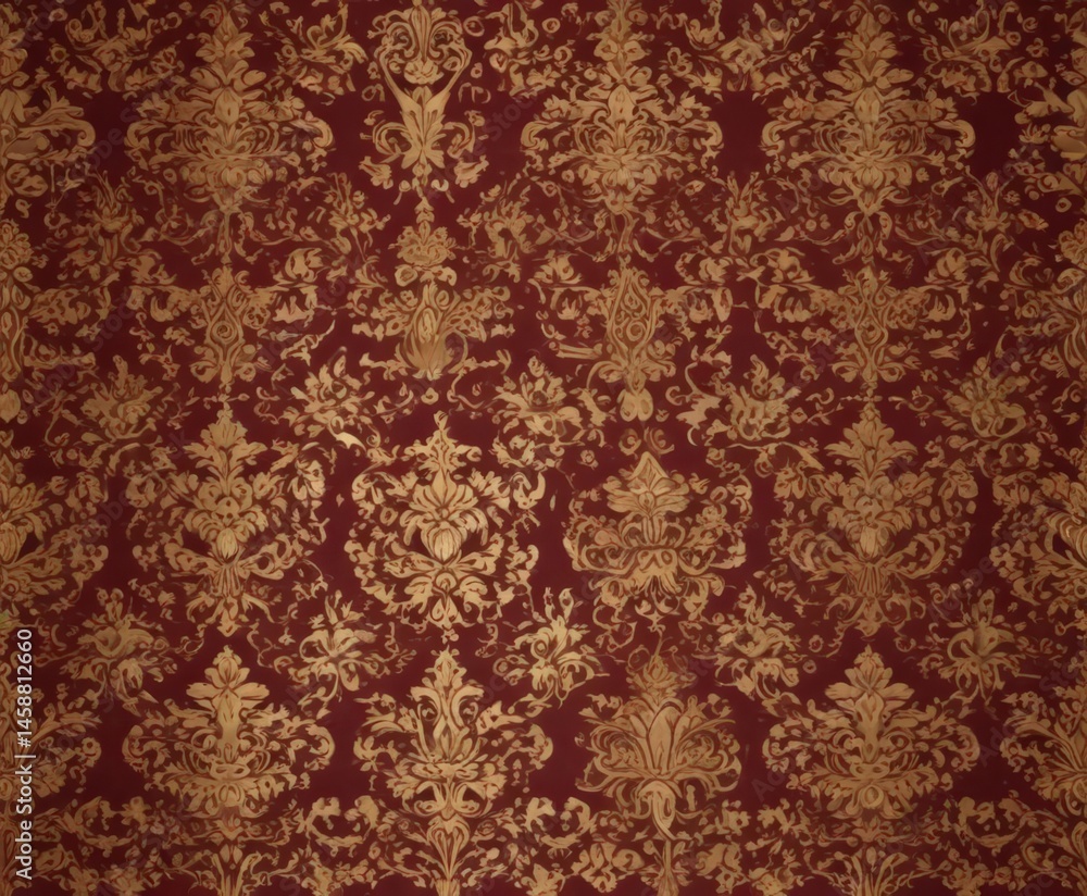 Intricate gold damask pattern on deep burgundy background, royal, elegant, luxurious Intricate gold damask pattern on deep burgundy background, royal, elegant, luxurious