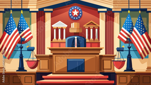 Court of the USA. Courtroom of United States. American flag in Courtroom. Supreme Court, Judiciary, Judge. American Justice, Judicial Authority. Appellate. Ai Generative 