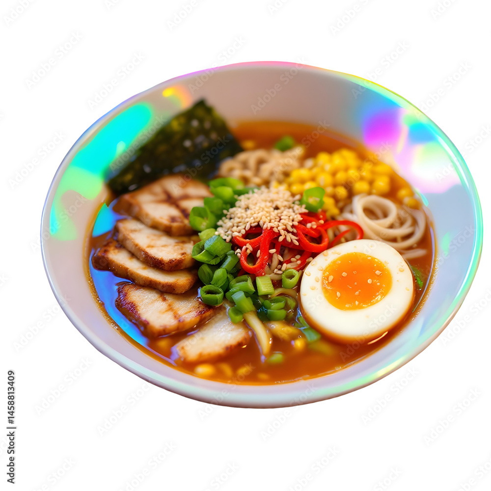 A bowl of vegetarian ramen with a rich vegetable broth, grilled tofu instead of chashu pork, wakame seaweed, a soft-boiled egg, corn, and scallions, topped with sesame seeds, set against a bamboo mat, A bowl of vegetarian ramen with a rich vegetable broth, grilled tofu instead of chashu pork, wakame seaweed, a soft-boiled egg, corn, and scallions, topped with sesame seeds, set against a bamboo mat,
