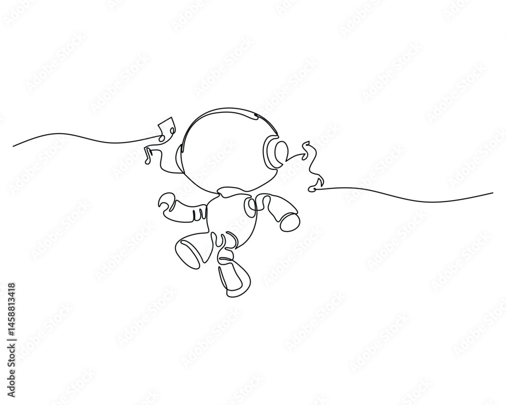 Obraz premium Continuous line art of a cute robot singing into a microphone, floating or jumping joyfully, symbolizing creativity, music, entertainment, innovation, technology, and AI celebration.