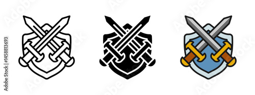 Sword and shield icon. Crossed swords over classic heraldic shield vector illustration. Medieval battle and protection emblem. Fantasy combat symbol for RPG games, military badges or security branding