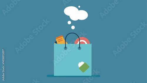 Shopping Bag with Empty Thought Bubble A shopping bag with a few items spilling out accompanied by an empty thought bubble symbolizing the realization that consumerism may not